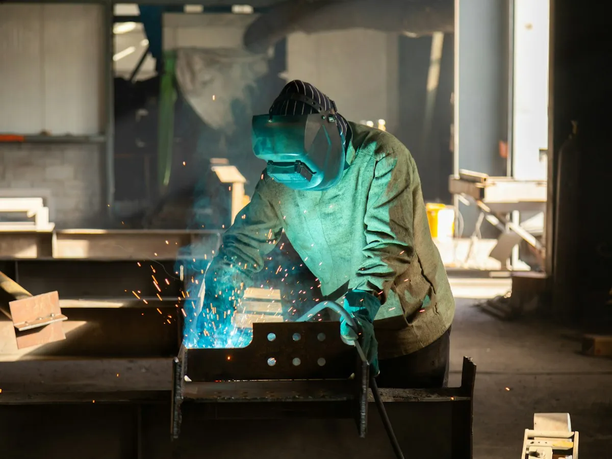 Industrial welder wearing a protective helmet while working in a workshop